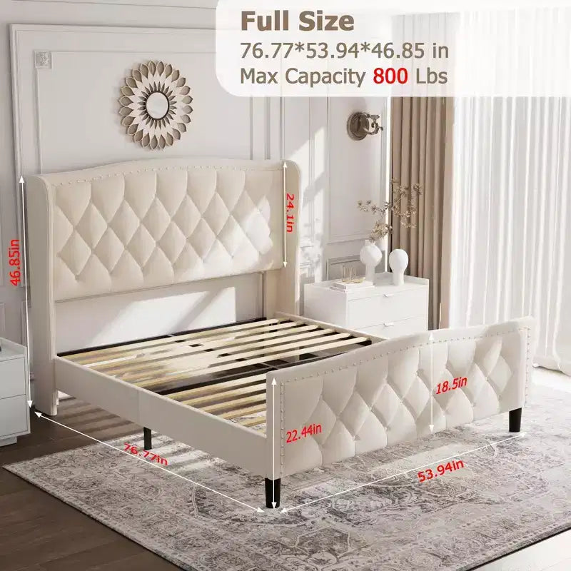 Luxury Upholstered Platform Bed Frame with Adjustable Headboard - Velvet Fabric & Wood Slat Support