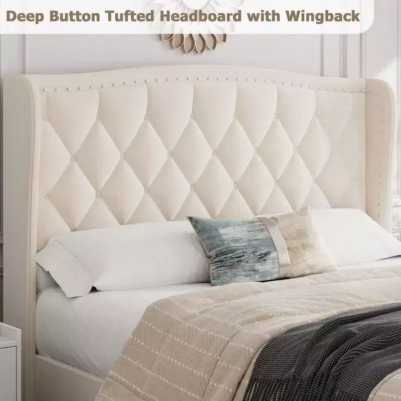 Luxury Upholstered Platform Bed Frame with Adjustable Headboard - Velvet Fabric & Wood Slat Support