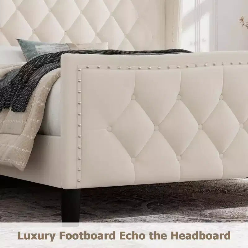 Luxury Upholstered Platform Bed Frame with Adjustable Headboard - Velvet Fabric & Wood Slat Support