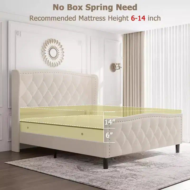 Luxury Upholstered Platform Bed Frame with Adjustable Headboard - Velvet Fabric & Wood Slat Support