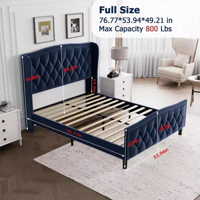 Luxury Upholstered Platform Bed Frame with Adjustable Headboard - Velvet Fabric & Wood Slat Support