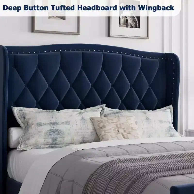 Luxury Upholstered Platform Bed Frame with Adjustable Headboard - Velvet Fabric & Wood Slat Support