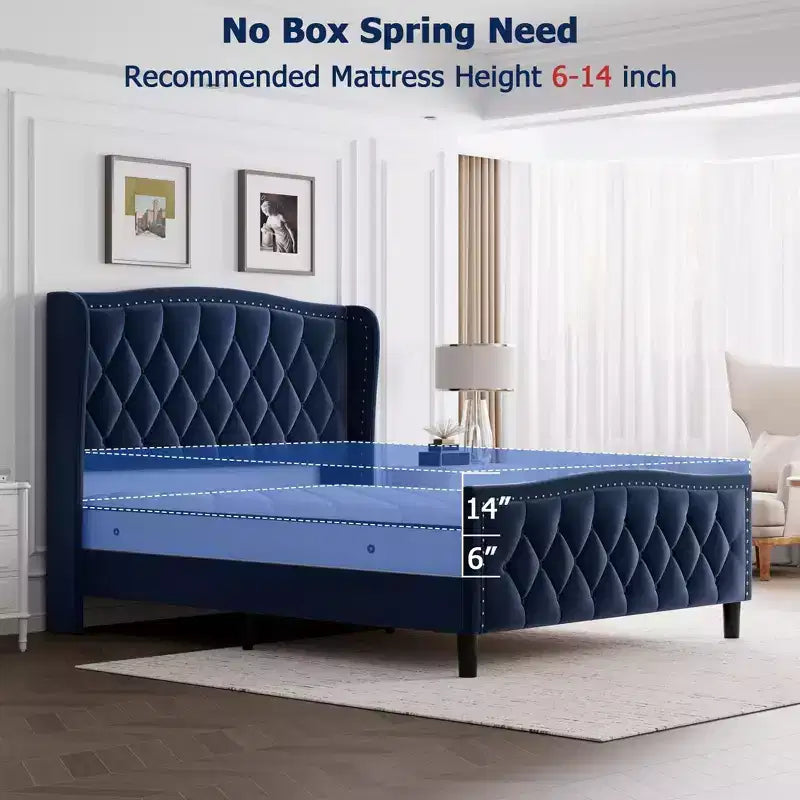 Luxury Upholstered Platform Bed Frame with Adjustable Headboard - Velvet Fabric & Wood Slat Support