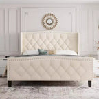 Luxury Upholstered Platform Bed Frame with Adjustable Headboard - Velvet Fabric & Wood Slat Support