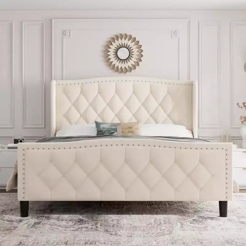 Luxury Upholstered Platform Bed Frame with Adjustable Headboard - Velvet Fabric & Wood Slat Support