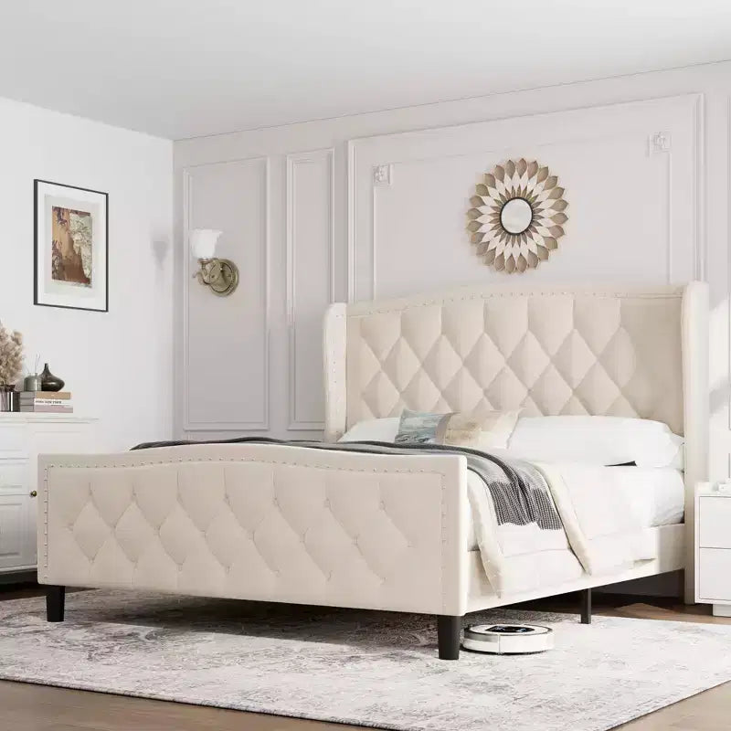 Luxury Upholstered Platform Bed Frame with Adjustable Headboard - Velvet Fabric & Wood Slat Support