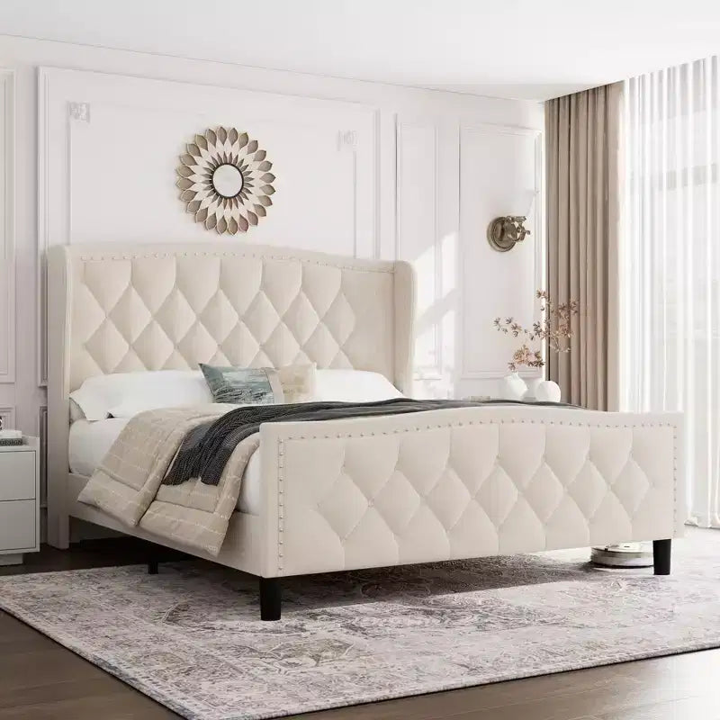 Luxury Upholstered Platform Bed Frame with Adjustable Headboard - Velvet Fabric & Wood Slat Support