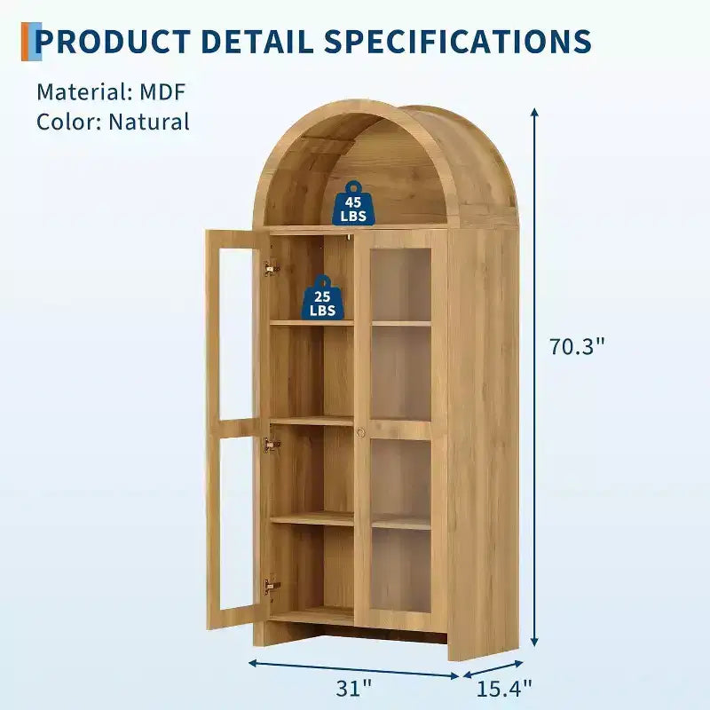 70" Arched Display Cabinet with Adjustable Shelves - Tall Oak Storage Cabinet with Clear Acrylic Doors for Kitchen or Living Room