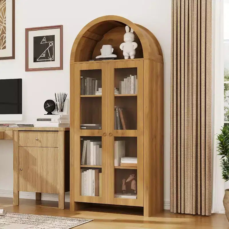 70" Arched Display Cabinet with Adjustable Shelves - Tall Oak Storage Cabinet with Clear Acrylic Doors for Kitchen or Living Room