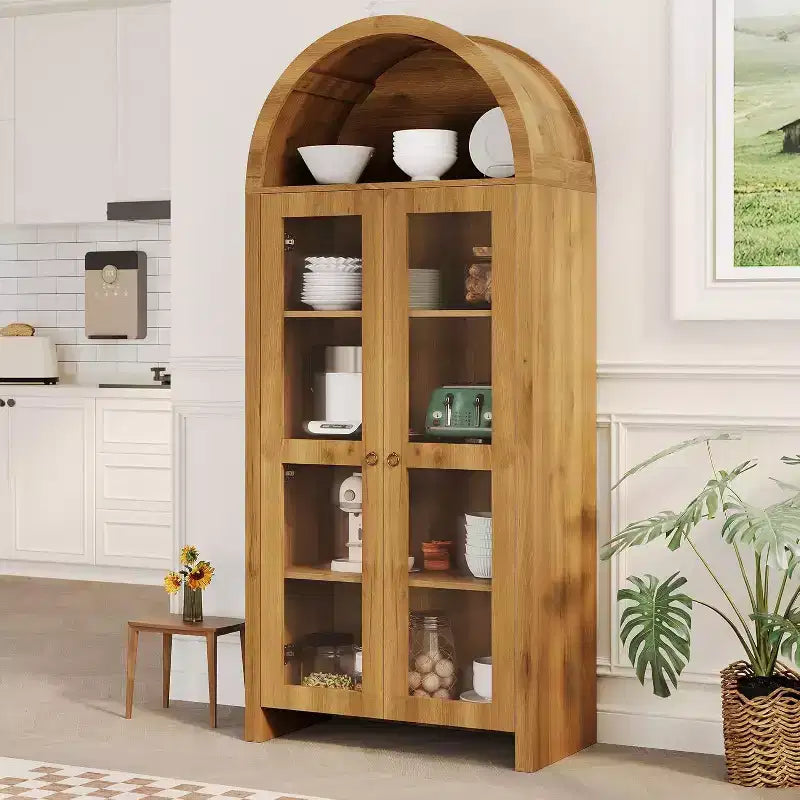 70" Arched Display Cabinet with Adjustable Shelves - Tall Oak Storage Cabinet with Clear Acrylic Doors for Kitchen or Living Room