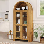 70" Arched Display Cabinet with Adjustable Shelves - Tall Oak Storage Cabinet with Clear Acrylic Doors for Kitchen or Living Room