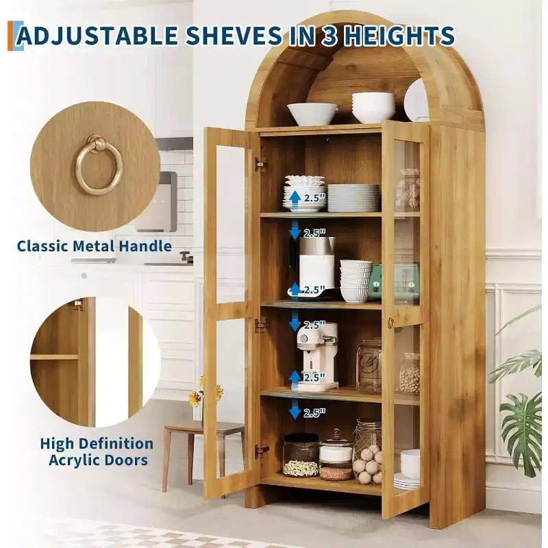 70" Arched Display Cabinet with Adjustable Shelves - Tall Oak Storage Cabinet with Clear Acrylic Doors for Kitchen or Living Room