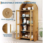 70" Arched Display Cabinet with Adjustable Shelves - Tall Oak Storage Cabinet with Clear Acrylic Doors for Kitchen or Living Room