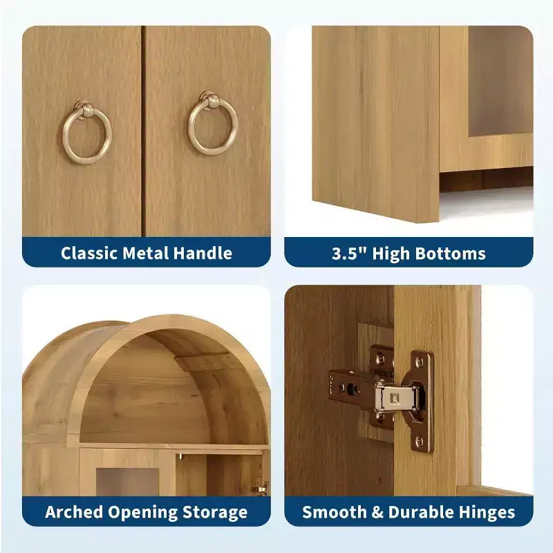 70" Arched Display Cabinet with Adjustable Shelves - Tall Oak Storage Cabinet with Clear Acrylic Doors for Kitchen or Living Room
