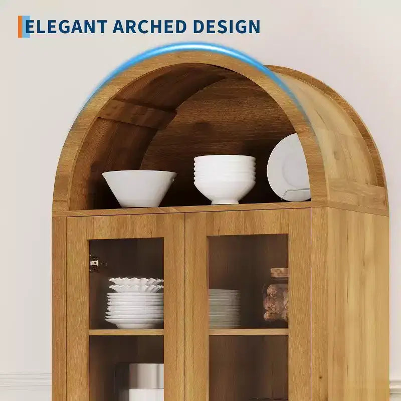 70" Arched Display Cabinet with Adjustable Shelves - Tall Oak Storage Cabinet with Clear Acrylic Doors for Kitchen or Living Room
