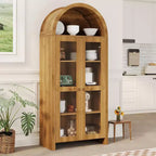 70" Arched Display Cabinet with Adjustable Shelves - Tall Oak Storage Cabinet with Clear Acrylic Doors for Kitchen or Living Room