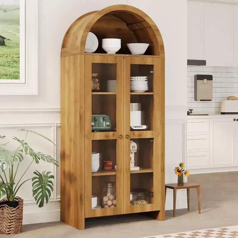 70" Arched Display Cabinet with Adjustable Shelves - Tall Oak Storage Cabinet with Clear Acrylic Doors for Kitchen or Living Room