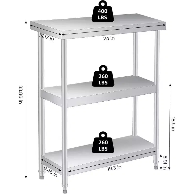 Table de travail en acier inoxydable COZONY à 3 niveaux et roulettes verrouillables en option, table de préparation utilitaire de 24/36 po pour cuisine, restaurant, garage