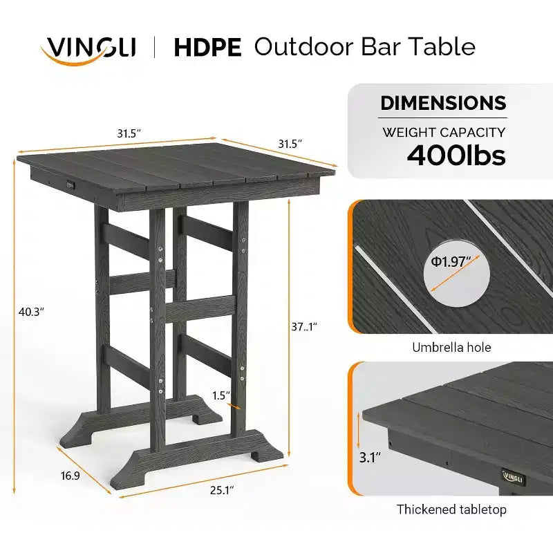 Table de bar d'extérieur VINGLI, table de patio carrée en HDPE hauteur bar avec trou pour parasol, table de bistrot haute tout temps pour patio,, jardin, piscine