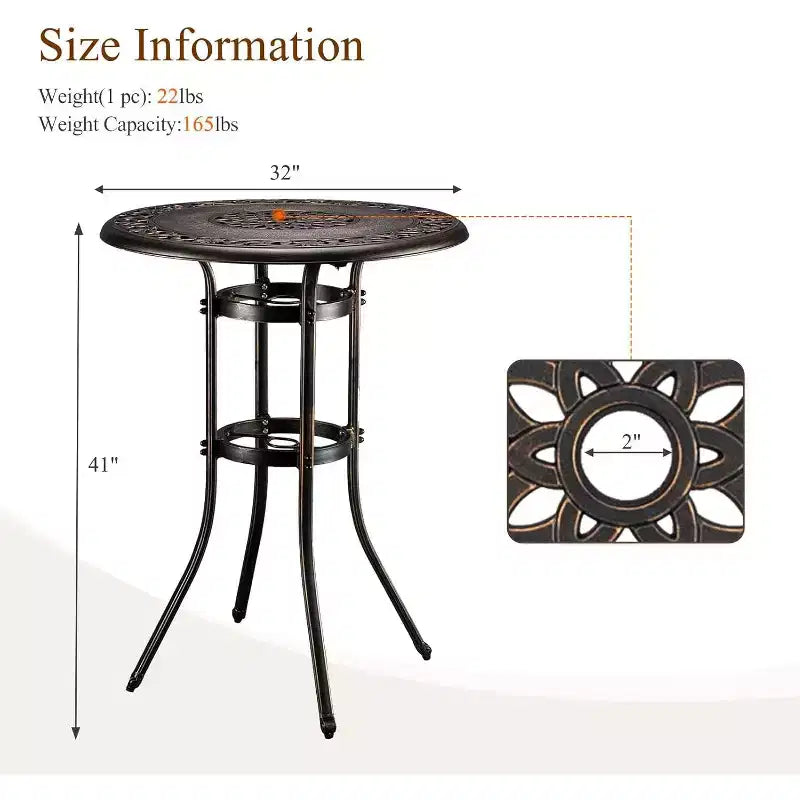 Table de bar VINGLI pour l'extérieur, table de patio en fonte d'aluminium hauteur bar avec trou pour parasol, table de salle à manger de patio haute, table de bistrot pour jardin, porche, cour, balcon