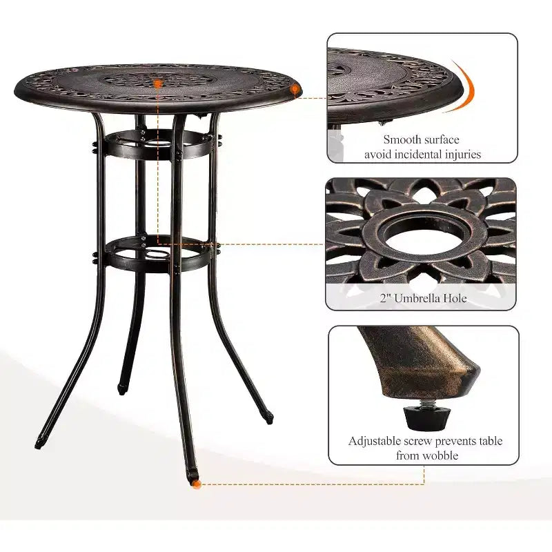 Table de bar VINGLI pour l'extérieur, table de patio en fonte d'aluminium hauteur bar avec trou pour parasol, table de salle à manger de patio haute, table de bistrot pour jardin, porche, cour, balcon