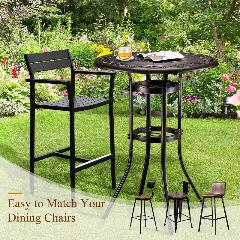 Table de bar VINGLI pour l'extérieur, table de patio en fonte d'aluminium hauteur bar avec trou pour parasol, table de salle à manger de patio haute, table de bistrot pour jardin, porche, cour, balcon