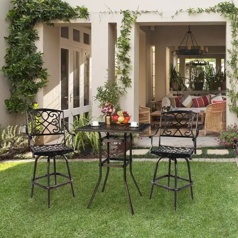 VINGLI Table de bar de terrasse en fonte d'aluminium, table de bar d'extérieur haute de 106,7 cm avec trou pour parasol, table carrée de bistrot à hauteur de pub pour pelouse, jardin et patio
