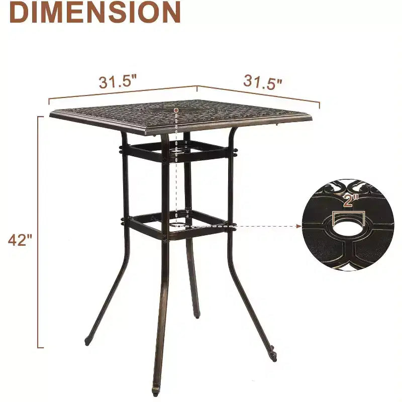 VINGLI Table de bar de terrasse en fonte d'aluminium, table de bar d'extérieur haute de 106,7 cm avec trou pour parasol, table carrée de bistrot à hauteur de pub pour pelouse, jardin et patio