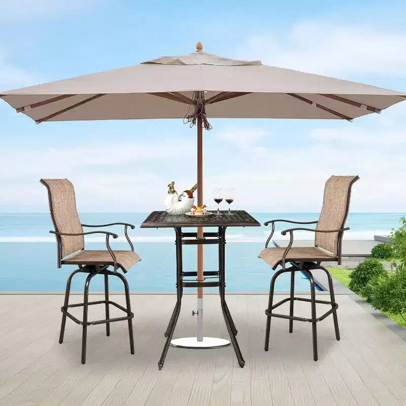 VINGLI Table de bar de terrasse en fonte d'aluminium, table de bar d'extérieur haute de 106,7 cm avec trou pour parasol, table carrée de bistrot à hauteur de pub pour pelouse, jardin et patio