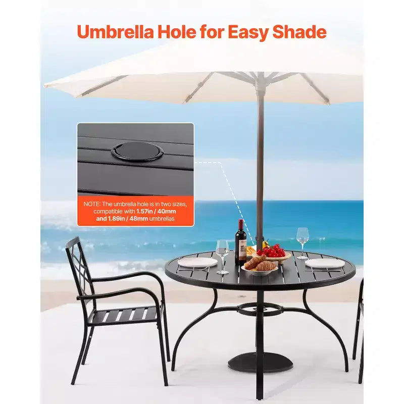 Table de salle à manger d'extérieur VEVOR, table de bistro ronde de 47 pouces en métal à lattes d'acier, avec trou de parasol de 1,5 pouce, pour pelouse, jardin, porche, noir