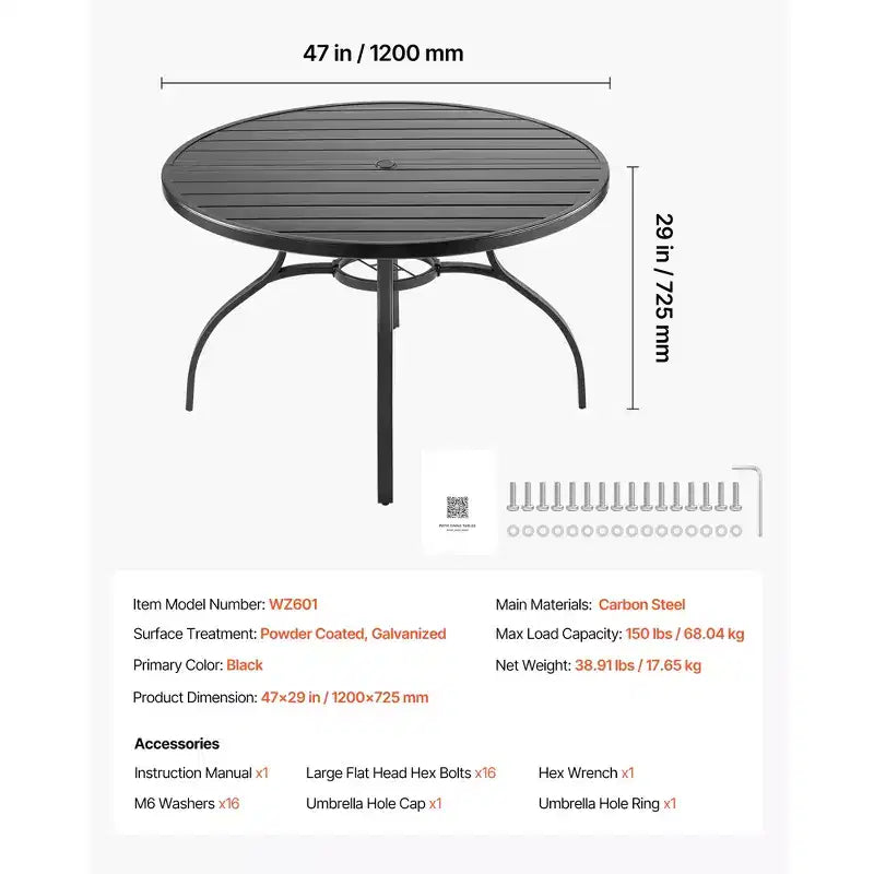 Table de salle à manger d'extérieur VEVOR, table de bistro ronde de 47 pouces en métal à lattes d'acier, avec trou de parasol de 1,5 pouce, pour pelouse, jardin, porche, noir
