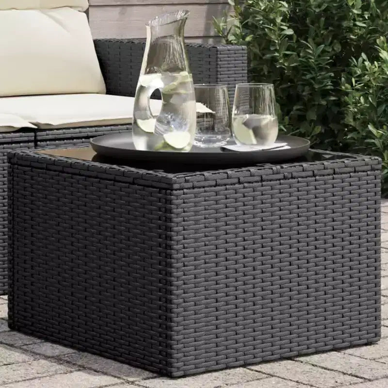 vidaXL Table de jardin noire en rotin PE, acier enduit de poudre, verre trempé
