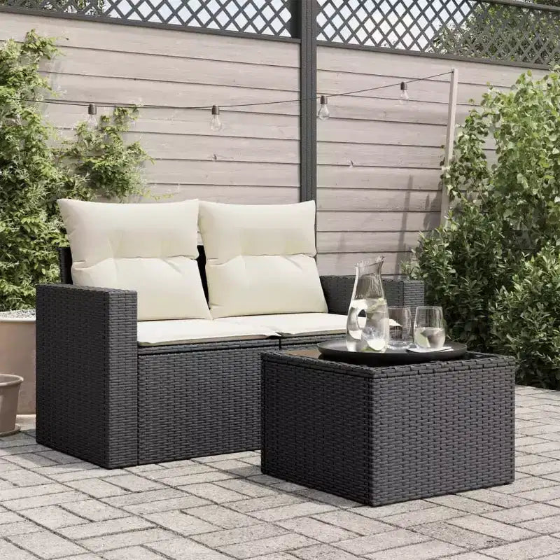 vidaXL Table de jardin noire en rotin PE, acier enduit de poudre, verre trempé