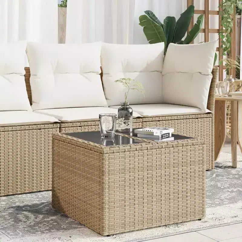 vidaXL Table de jardin noire en rotin PE, acier enduit de poudre, verre trempé