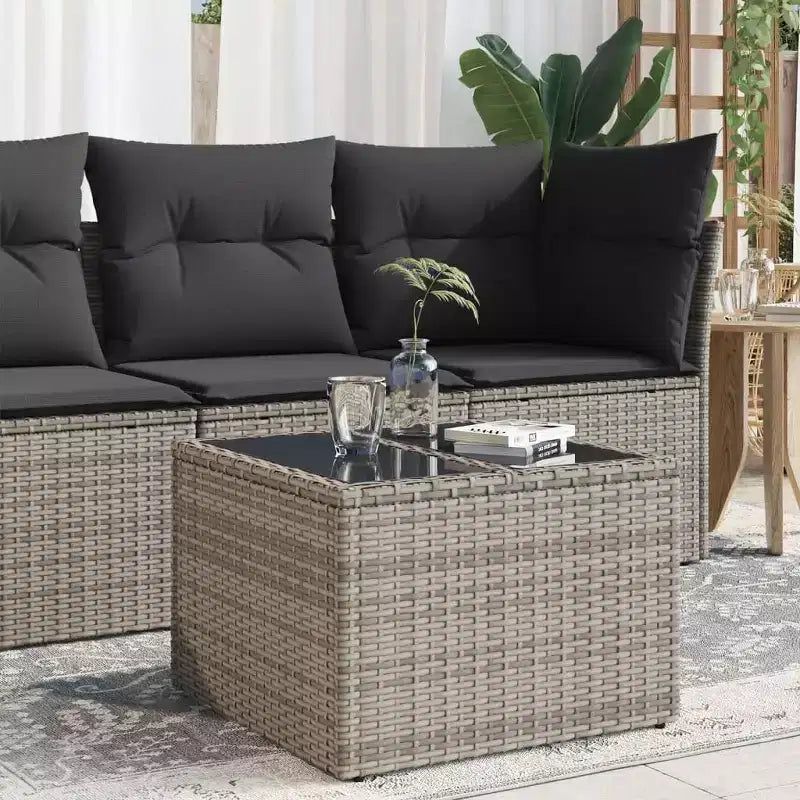 vidaXL Table de jardin noire en rotin PE, acier enduit de poudre, verre trempé