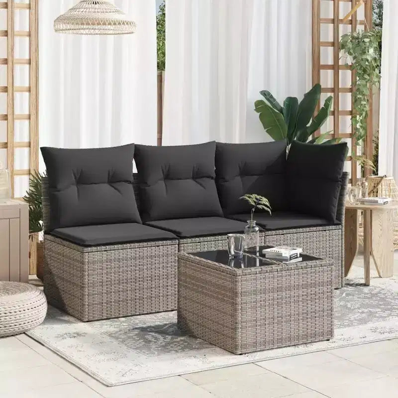 vidaXL Table de jardin noire en rotin PE, acier enduit de poudre, verre trempé