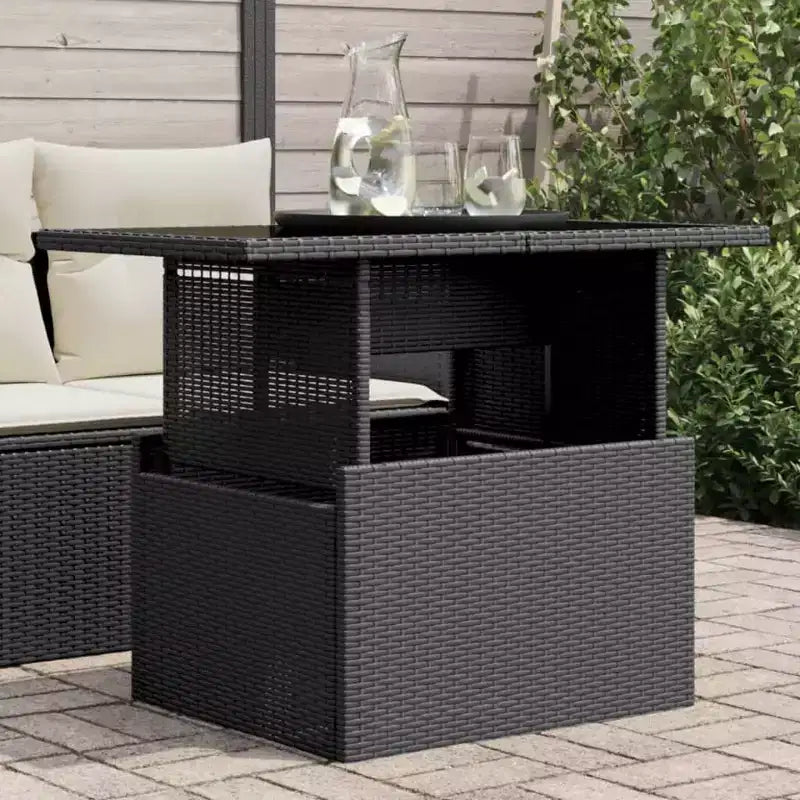 vidaXL Table de jardin en résine tressée noire, verre trempé, acier enduit de poudre