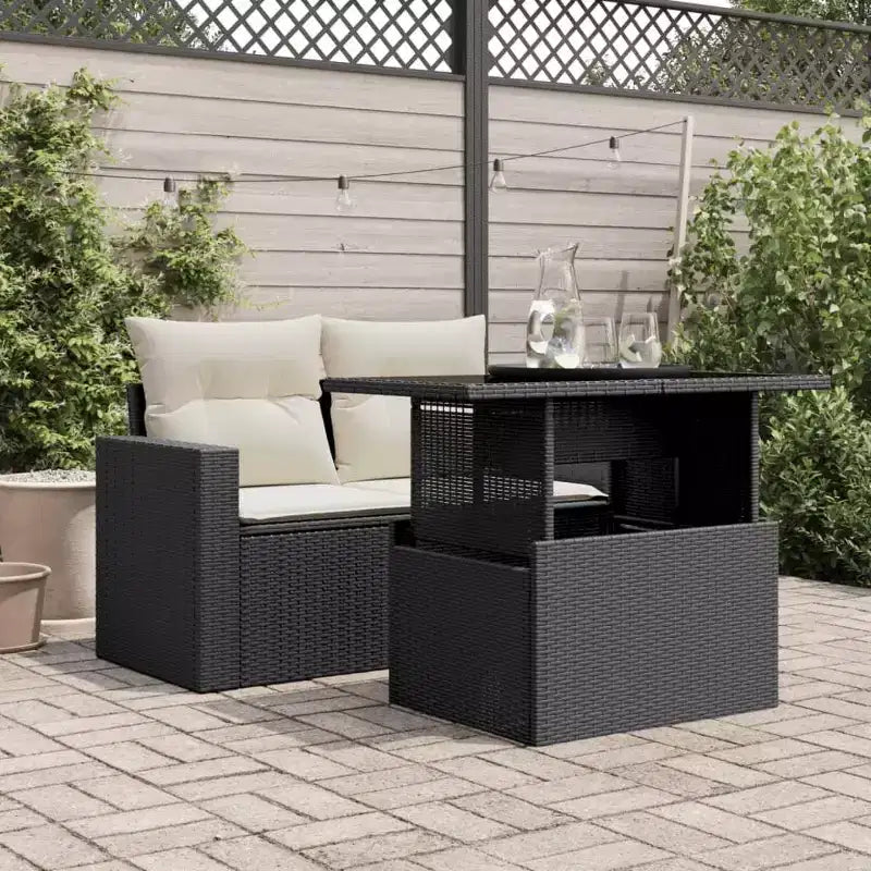 vidaXL Table de jardin en résine tressée noire, verre trempé, acier enduit de poudre