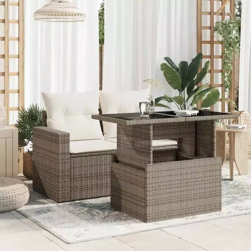 vidaXL Table de jardin en résine tressée noire, verre trempé, acier enduit de poudre