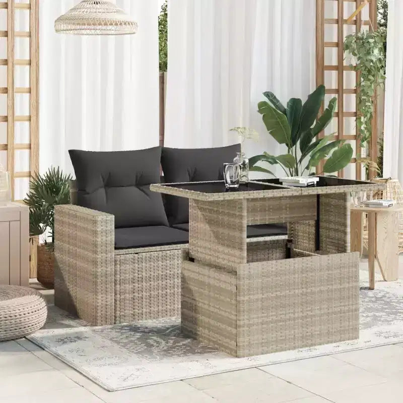 vidaXL Table de jardin en résine tressée noire, verre trempé, acier enduit de poudre