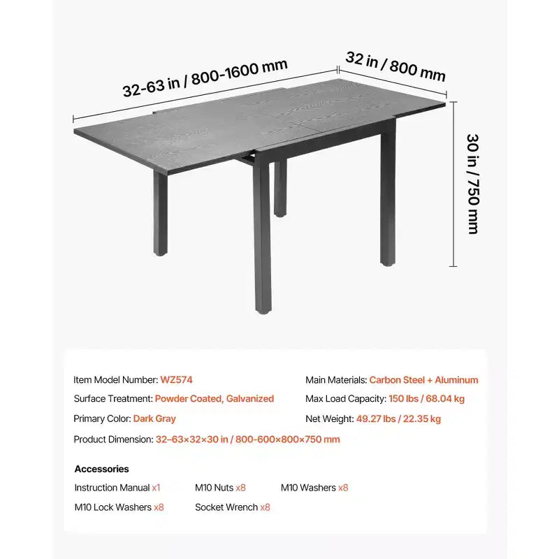 VEVOR Table de Salle à Manger Extensible d'Extérieur, Table de Bistrot Rectangulaire de 81 à 160 cm pour 4-6 Personnes, Structure en Aluminium, Lattes en Acier Métallique, Grise