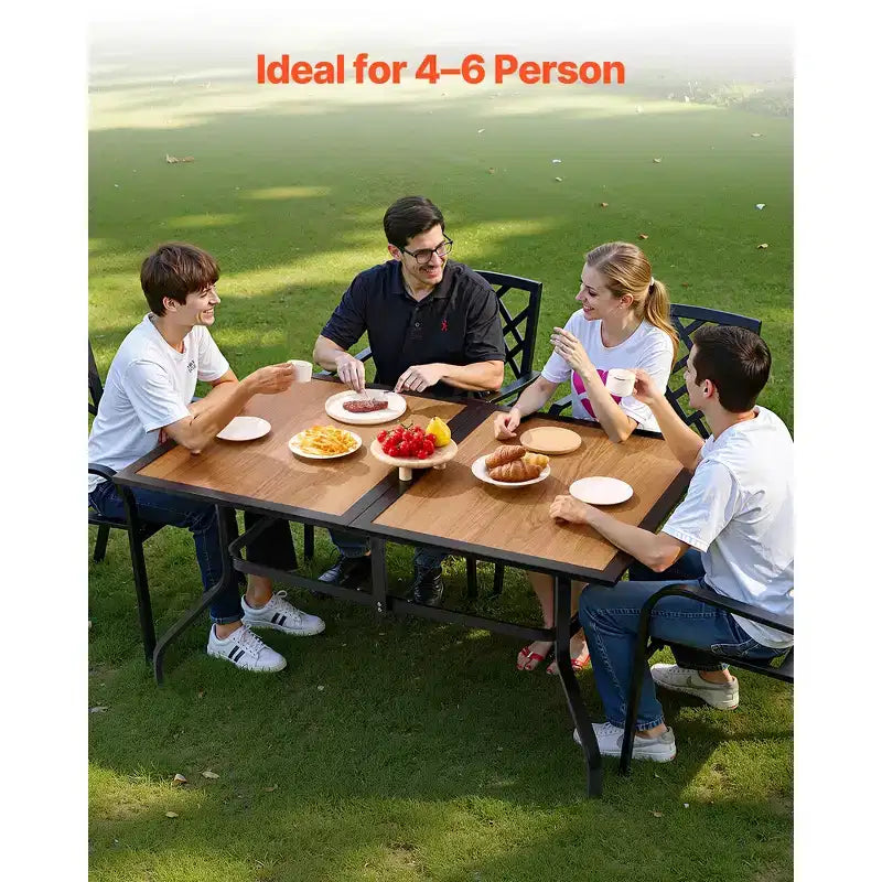 Table à manger d'extérieur VEVOR, rectangulaire, 150 cm, en acier aspect bois, pour 4 à 6 personnes, avec trou pour parasol de 3,8 cm, marron