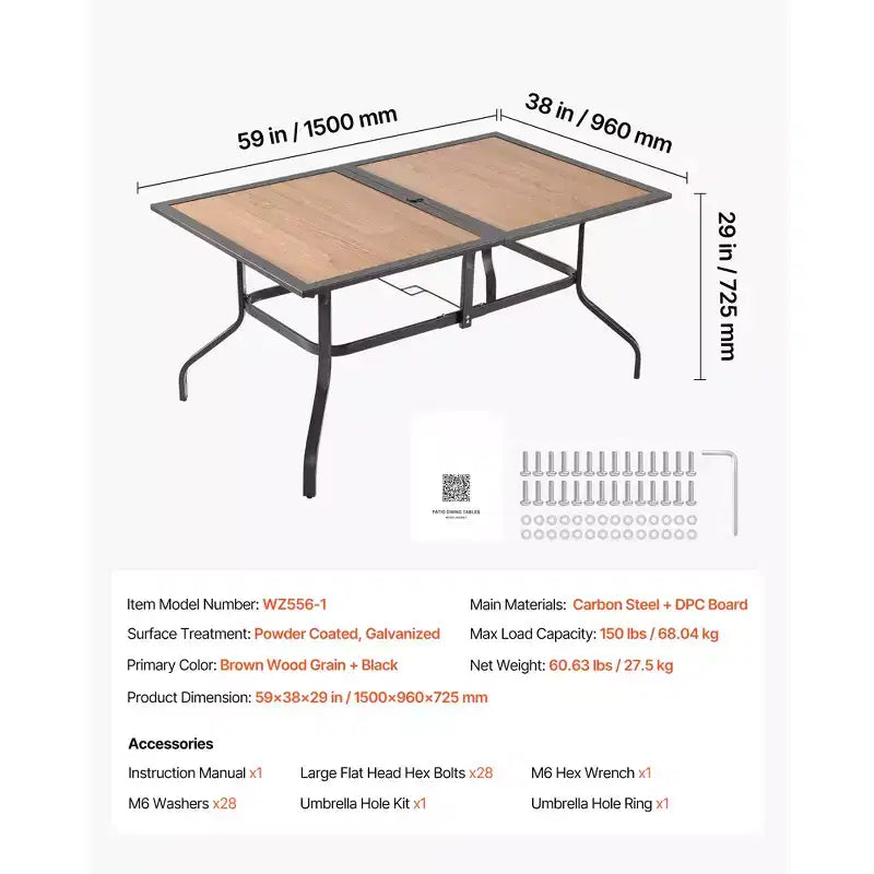 Table à manger d'extérieur VEVOR, rectangulaire, 150 cm, en acier aspect bois, pour 4 à 6 personnes, avec trou pour parasol de 3,8 cm, marron