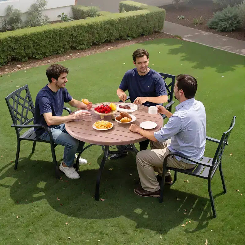 Table à manger d'extérieur VEVOR, table de bistrot ronde en acier de 104 cm avec lattes aspect bois pour 4 personnes, avec trou pour parasol de 3,8 cm, grise
