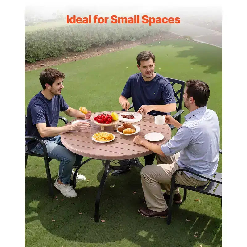 Table à manger d'extérieur VEVOR, table de bistrot ronde en acier de 104 cm avec lattes aspect bois pour 4 personnes, avec trou pour parasol de 3,8 cm, grise