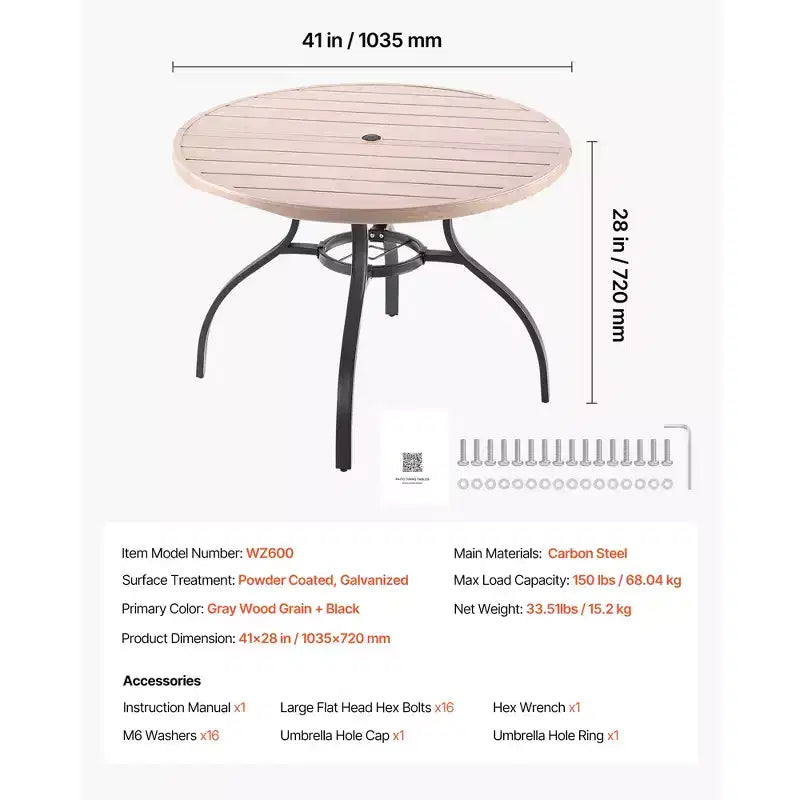 Table à manger d'extérieur VEVOR, table de bistrot ronde en acier de 104 cm avec lattes aspect bois pour 4 personnes, avec trou pour parasol de 3,8 cm, grise