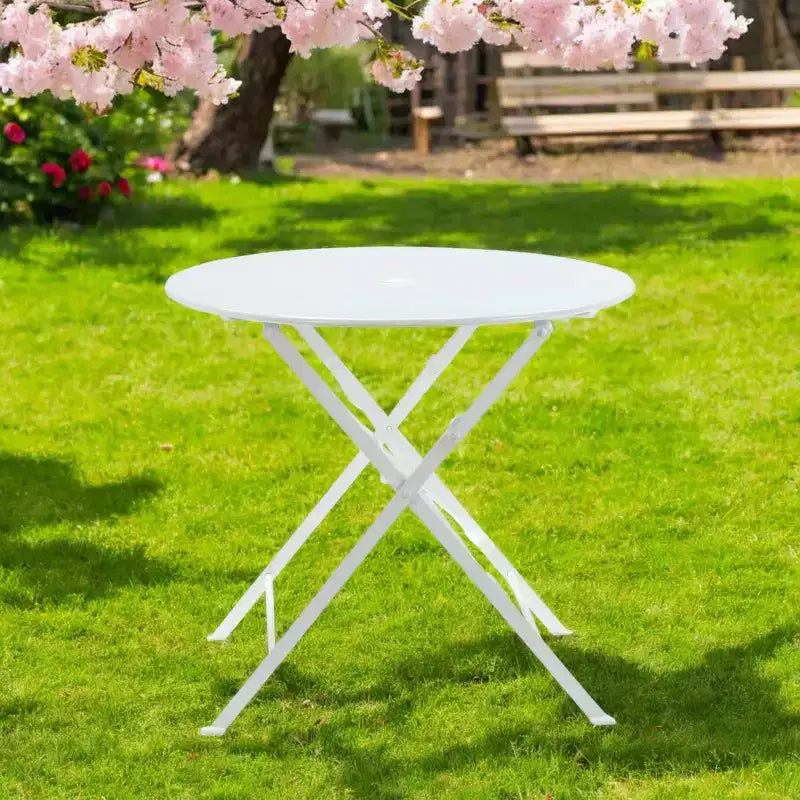 HomeRoots 30 Table de bistro pliante d'extérieur en aluminium arrondi blanc avec trou pour parasol