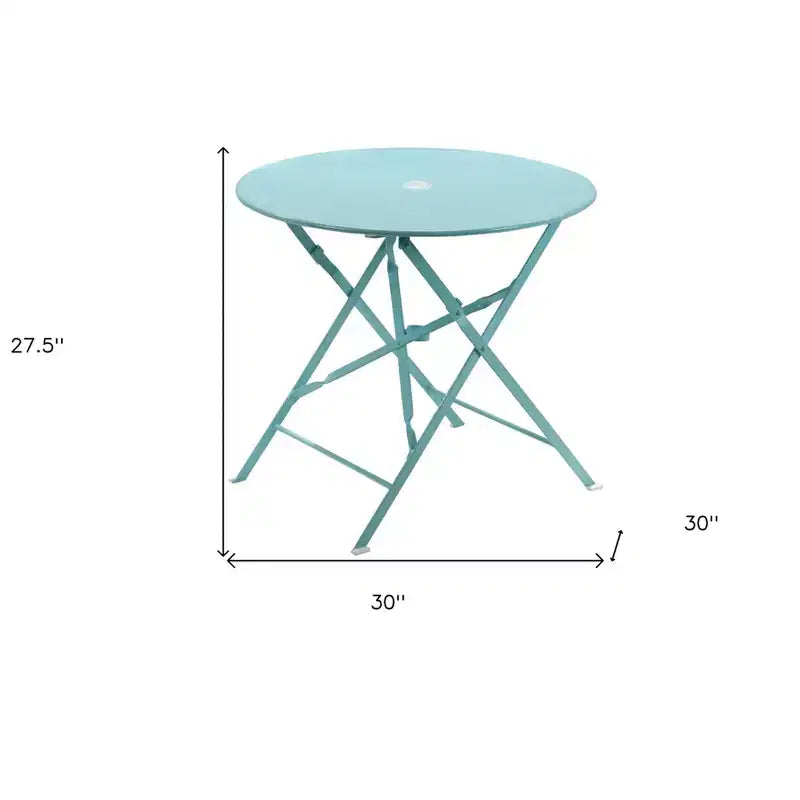 HomeRoots Table de bistrot pliante d'extérieur arrondie en aluminium aqua de 30 po avec trou pour parasol