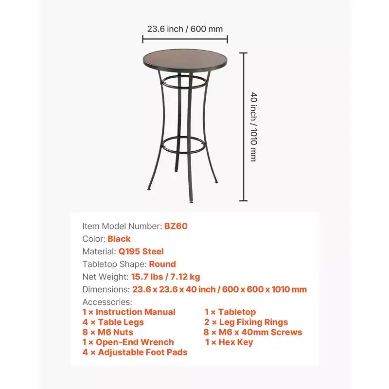 Table de bar ronde d'extérieur VEVOR, table de bistrot de 60 cm de hauteur de comptoir, tables à manger de patio avec plateau facile à nettoyer et cadre en métal robuste, marron et noir