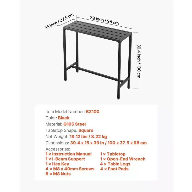 Table de bar d'extérieur VEVOR, Table de bar de patio 100 x 38 cm, Plateau étanche et cadre métallique robuste, Tables de salle à manger rectangulaires hauteur comptoir, Noir